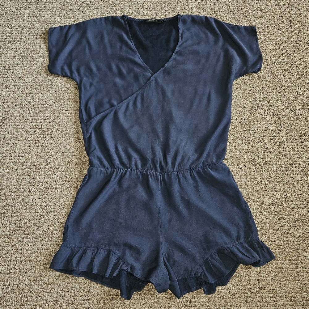 Zalora Navy Blue Romper with Surplice Wrap and Ruffled hem- size M
